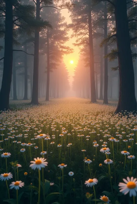  Generate an image of a vast field of flowers daisy-like white and yellow daisies.  The setting is an enchanted forest during twilight ,  with tall, ancient trees in the background ,  its silhouettes softly illuminated by a lilac and gold sunset .  Small f...