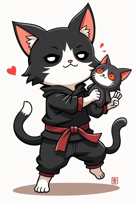 there is a black and white cat with a stuffed animal, vector art inspired by Shūbun Tenshō, reddit, furry art, anthropomorphic cat ninja, ninja cat, felix the cat, sumi ink style, kawaii playful pose of a dancer, nekomimi, anime manga robot!! cat tattoo, v...