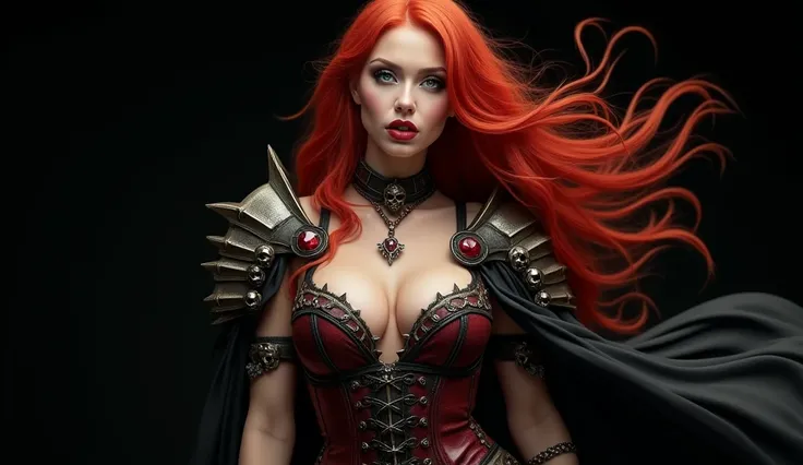 High quality image of an ultra-sexualized medieval epic fantasy warrior, close-up of the beautiful woman wearing a ragged and torn black cape that flutters in the wind, wearing a helmet with black ram horns and a skull embedded in it. Latex dress red and b...