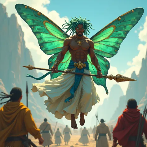 until,  digital illustration ,  highly detailed and very beautiful , a non-realistic digital painting of a dark-skinned fairy man with vibrant green eyes, with light aqua green dreadlocks.  He is sturdy , with an imposing and at the same time stylish postu...