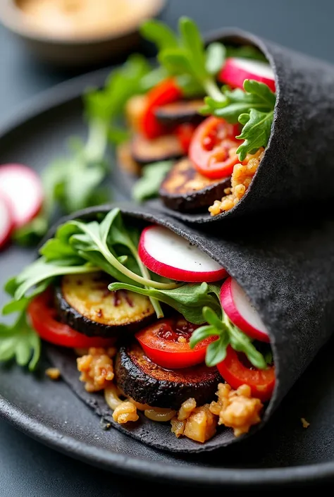 A charcoal-black tortilla (colored naturally with activated charcoal) to mimic the sleek sophistication of Art Deco designs.
• Filled with a medley of roasted vegetables like eggplant, zucchini, red peppers, and caramelized onions, all seasoned with a smok...