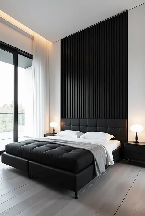 Create a 4 x 3 bedroom all white but with a black damask bed by Pascal Marabito but with the back wall with black wooden slats
And the floor with a gray wooden floating floor