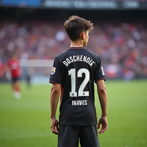 Un jeune footballeur de doscheveux violets  mi long avec un dégradé court son maillot floqués numéro 12 avec marque son nom on le voit de dosLOUEMBET maillot ressemblant à celui du Barca 2015 dans le style manga noir et blanc 