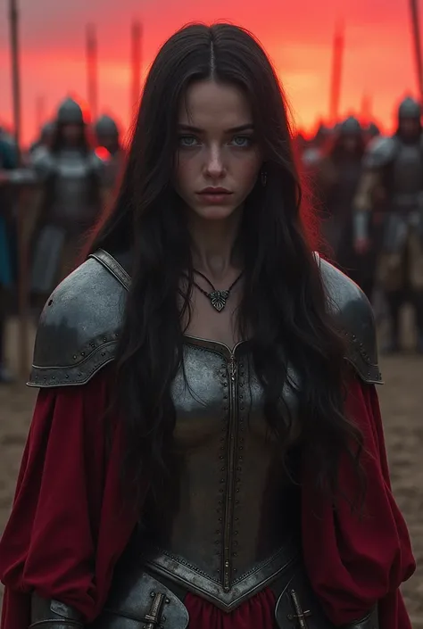  best quality ,  masterpiece ,  ultra high resolution , 1 woman, Young,  pale skin,  with long dark brown hair , medieval armor,  sadness ,  Blue Eyes,  crying, She is with her husband is bleeding dead lying on the floor,  he has a sword stuck in his chest...