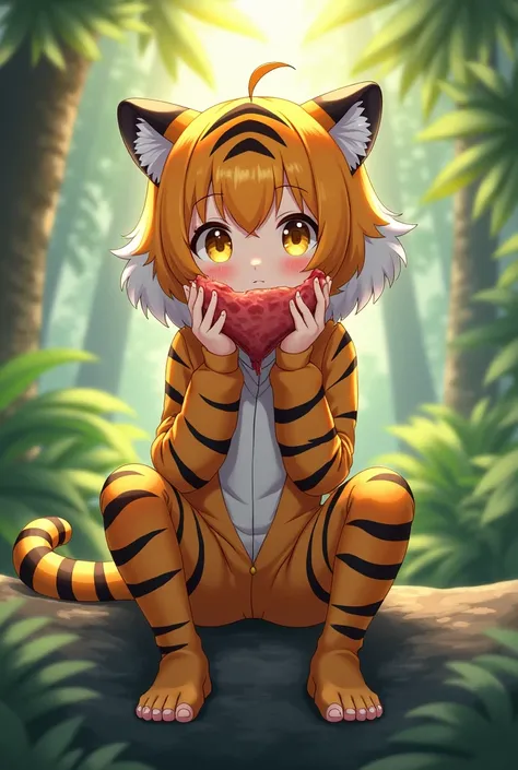 1girl, yellow eyes, growing eyes, tiger ears, cute, tiger outfits ,
holding meat, sitting, jungle , rock, dappled sunlight, streaming in through trees , 
sharp focus, looking at viewer,large anime eyes,  Vivid color palette, soft shading, minimalist detail...