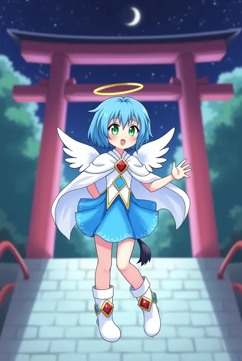 ,puyopuyo,A cartoon of  with white wings and black tail ,,holy angel,（blue hair）,short hair,green eyes,light blue leotard,white cape,(blue flare skirt),white boots with red jewel,smile,night, Japanese shrine,Torii,