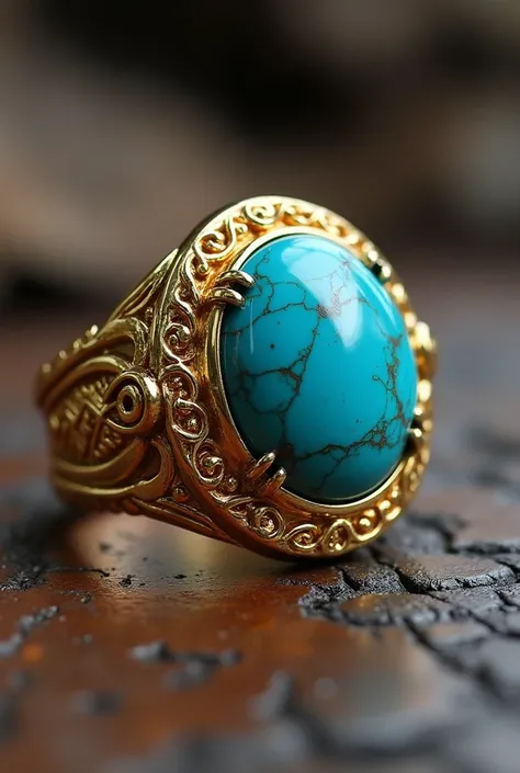 Design a very modern gold ring with turquoise. The ring should be celtic type of men ring. It should have medallion design of tabriz rug on it.