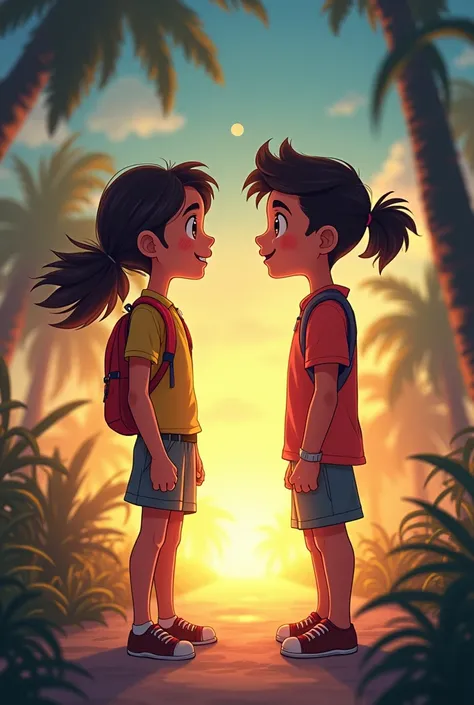 "Illustrate Raju and Mina excitedly looking at each other, with a determined expression, surrounded by a faint glow of adventure and possibility."