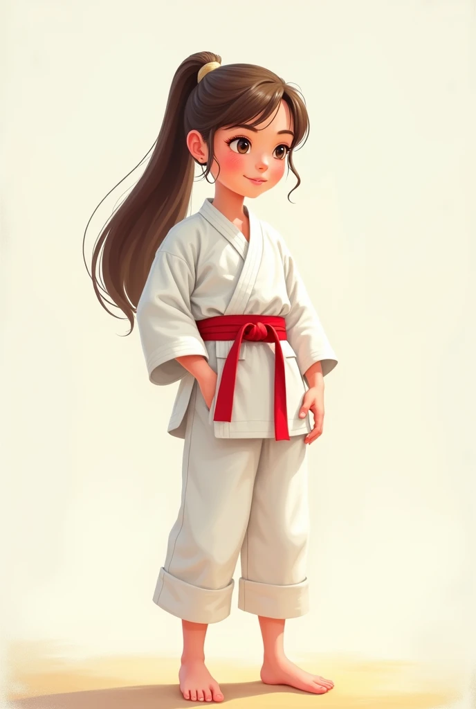 create girl with white karate kimono and red belt, brown hair tied back, standing barefoot in cute disney style drawing