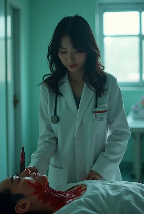 Modern, Realistic, a very beautiful asian woman, woman very thick hair, woman very glisten hair, woman 70 year old, woman very big breast, woman doctor, Male  covered in blood, male dies, knife cut throat a male, male neck bloody splash, male full face mas...