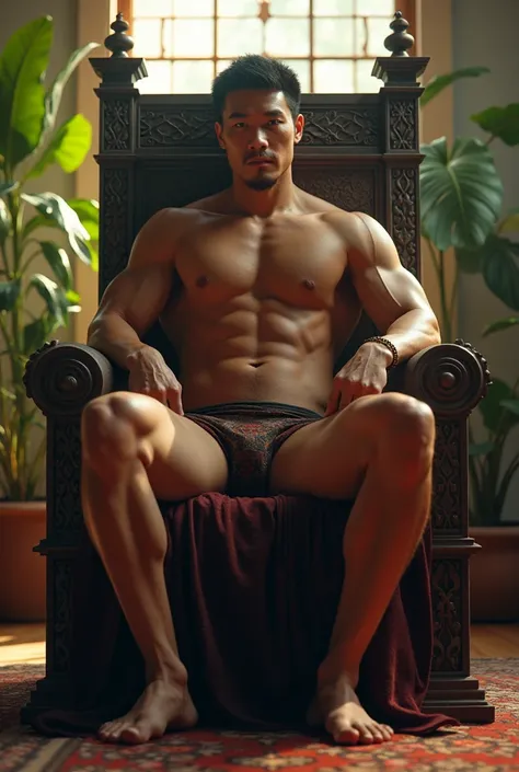 (photorealism:1.2),  a 40-year-old muscular ultra-masculine fair-skinned Chinese man,  6 feet 5 inches tall ,  sitting on an iron throne , Wear a thong ,  front view.  short hair.  a male ,  medium dark-skinned Latino slave man ,  in front of him kneeling ...