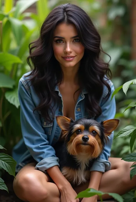 Une photographie réaliste dune femme sexy avec des cheveux sombres et luxuriants, souvent ondulés ou bouclés, qui encadrent un visage aux traits délicats. Ses yeux, dans la un jeans de baskets jaquette dans un jardin avec un petit chien réaliste 