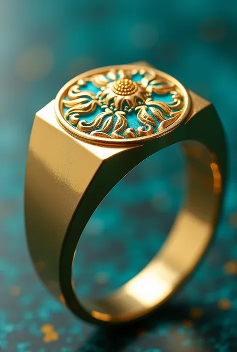 Design a very modern gold ring with turquoise. It should have medallion design of tabriz rug carved on it.