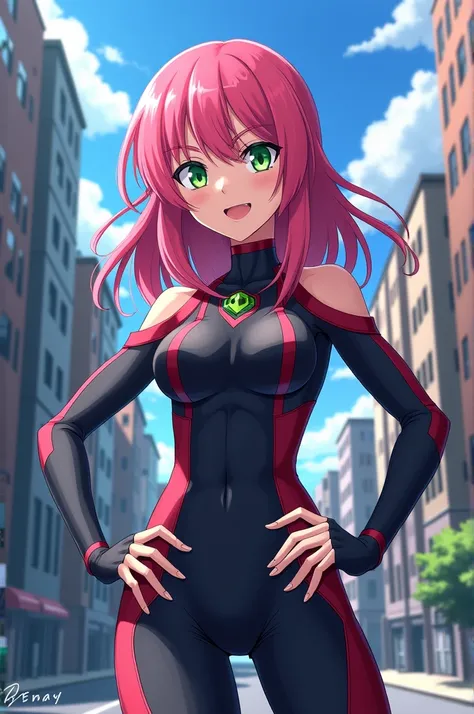 Create a character from Boku in Hero Academy with pink hair and green eyes called Sakura