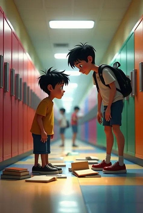 A skinny 15-year-old boy is being pushed by a bully in a school hallway full of colorful lockers. He has a sad expression on his face and is picking up his notebooks from the floor. Disney 3D style.