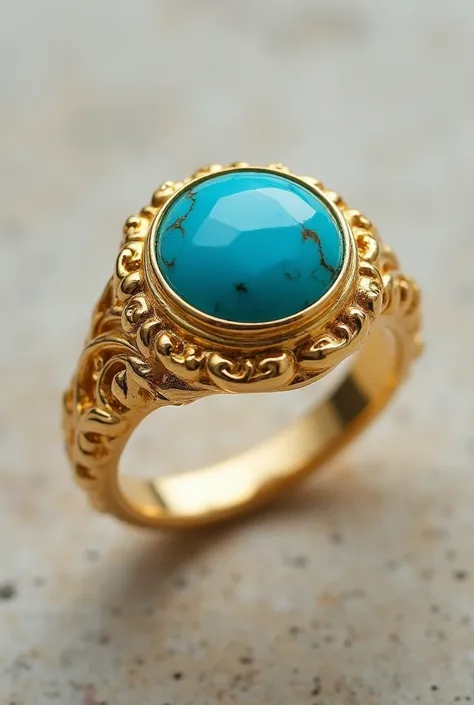 Design a very modern gold ring with turquoise. It should have medallion design of tabriz rug carved on the band of it.