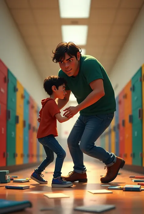 disney pixar cover ,A skinny 15-year-old teenager is being pushed by a bully in a school hallway full of colorful lockers. He has a sad expression and is picking up his notebooks from the floor.
