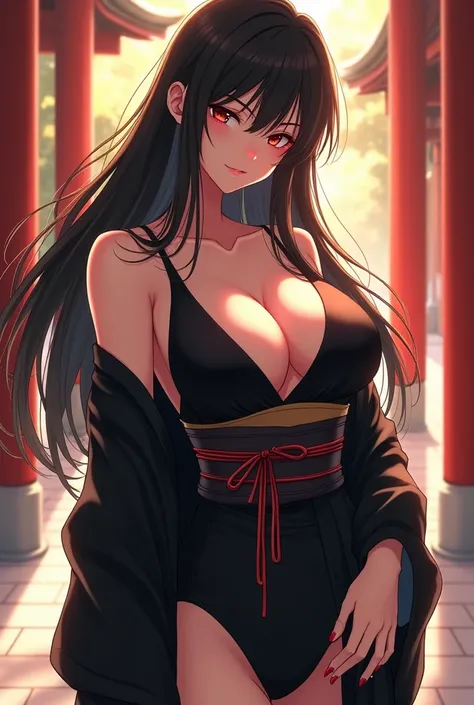 1 fille , kimono noir ,  black hair , Anime manga  , open kimono , pose sexy , Temple , big chest, pose sexy , erotic , corps sexy , 8k , masterpiece,  selfie with phone, jour , sun ,  open kimono ,  plunging neckline  , 