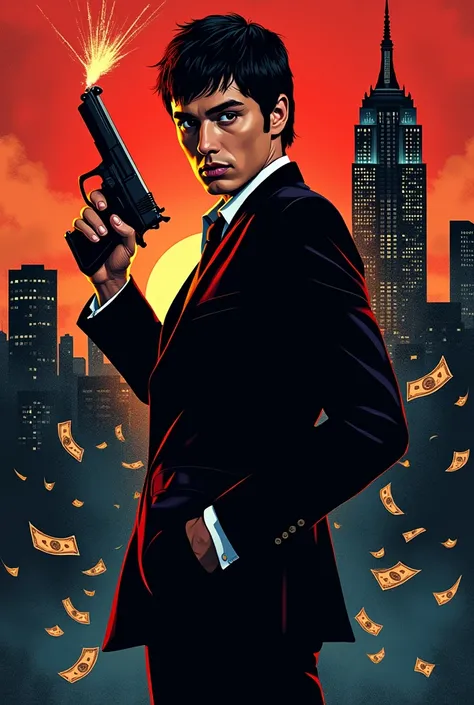 
" Design a dynamic and energetic poster in Scarface .  The design features a dark urban background with a skyscraper skyline at dusk . in the foreground,  a bold and stylized version of the main character , tony montana,  stands with a confident posture ,...