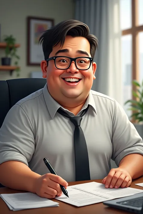  Male person with a tanned skin tone, with glasses cuadrados y negros,  smiling,  short black hair, medium chubby ,  wearing formal attire in an office , Without Chinese eyes, sitting at a desk with papers, with glasses, Chubbier 