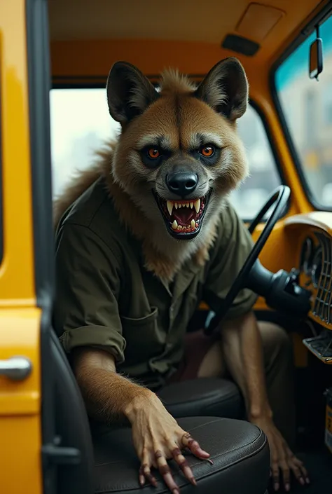 There is a scary hyena in a yellow taxi and in a heater, holds a cigarette in his hand. 