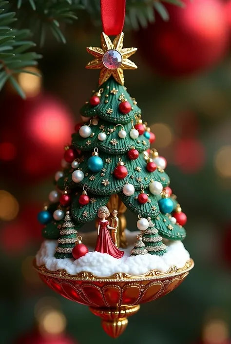  A beautifully crafted ornament that resembles a Christmas tree .  The tree is adorned with intricate gold details and decorated with various ornaments,  including red and blue spheres ,  pearls and a miniature scene of a man and a woman in a snowy landsca...