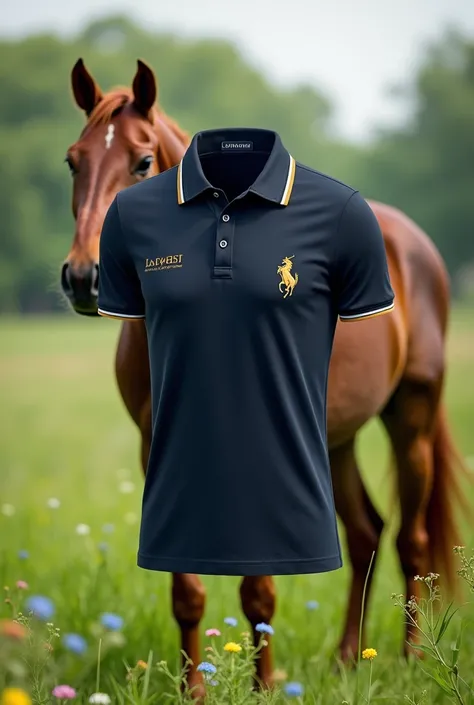  Create a branded Polo shirt and describe its quality side by side,  and in the background let there be a horse who . Hell settle in a meadow 