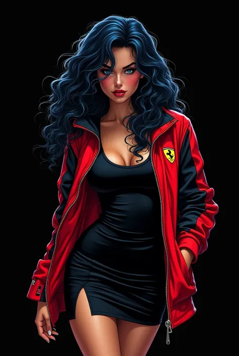 comic book style, a young woman with long and curly dark blue hair.  I want her to wear a black slit dress with a red and black Ferrari zipper coat. Her eyes are dark black ,  crimped lashes her skin is brown ,  she is seen full body with a distracted prof...