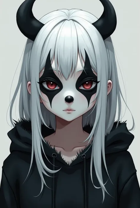  Create an anime girl , with straight white hair ,  pale white skin ,  with a black and white clown mask with a black clown nose, In a clown outfit, she has to be 18 years old,  she has a black hoodie with little hairs on the edge of it ,  image for profil...