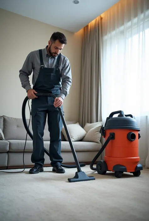 dry cleaning specialists with a professional vacuum cleaner when dry cleaning the carpet in the house. The vacuum cleaner must be clearly visible in the image.  there must be one man in the photo. The room must be bright . A man must wear a special uniform...