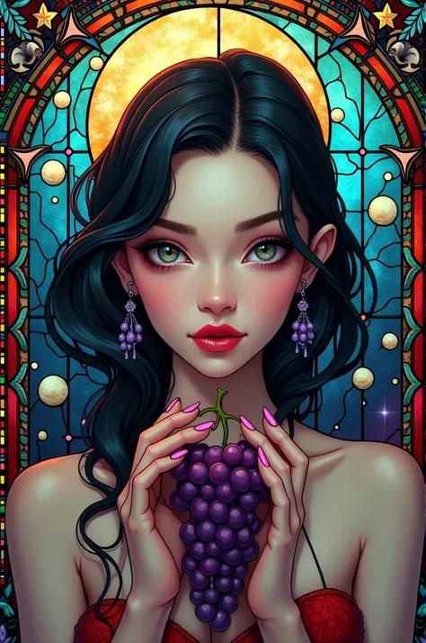 Глаза высокое качество a stained glass image of a woman holding grapes, maxim verehin stained glass, kilian eng vibrant colors, cyberpunk art nouveau, stained glass tarot style, kilian eng vibrant colours, art nouveau cyberpunk! style, inspired by Kilian E...