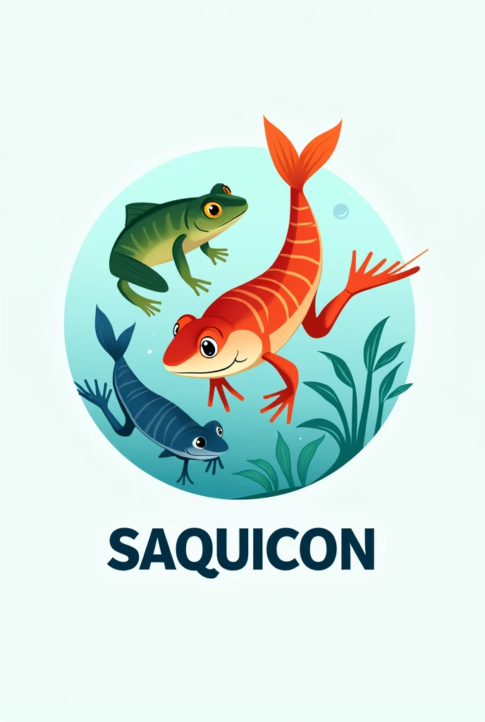  Aquaculture involves raising fish , frogs and shrimps .  based on this information ,  create a logo containing these animals and with the phrase "SAQUICON ".