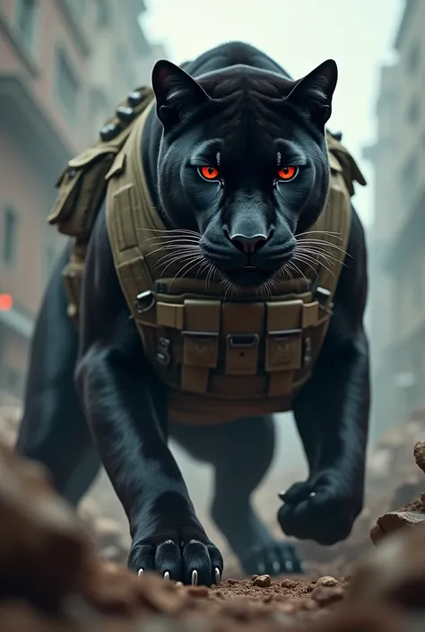 Ferocious panther with tactical clothing red eyes  ,War and weapons fund