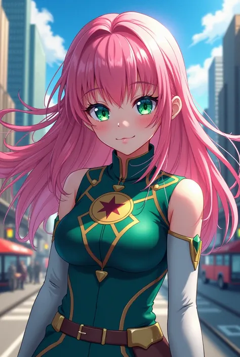 Create a beautiful character belonging to Boku in Hero Academy with pink hair and green eyes called Sakura