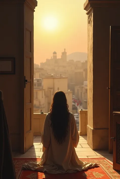  The three-day fast
Scene : Esther biblical character ,  kneeling in your room or on the palace terrace .
details: simple jackets, serene face, soft light of dawn. In another image,  groups of Jews fasting and praying on the streets or in their homes.
Clim...