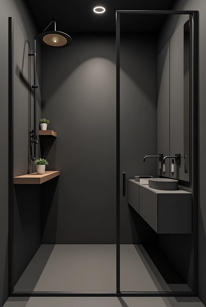  Show a modern bathroom in dark gray colors of measures 2.20m x 1 . 50m including bathroom , shower and table inside  .