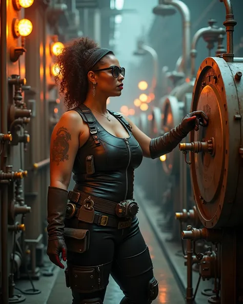  A beautiful curvy woman working in the control room of an energy generation plant based on steam and gas technology.  She wears an operators uniform ,  wearing a tight leather vest ,  reinforced work pants and high boots .  Her belt is full of technologic...