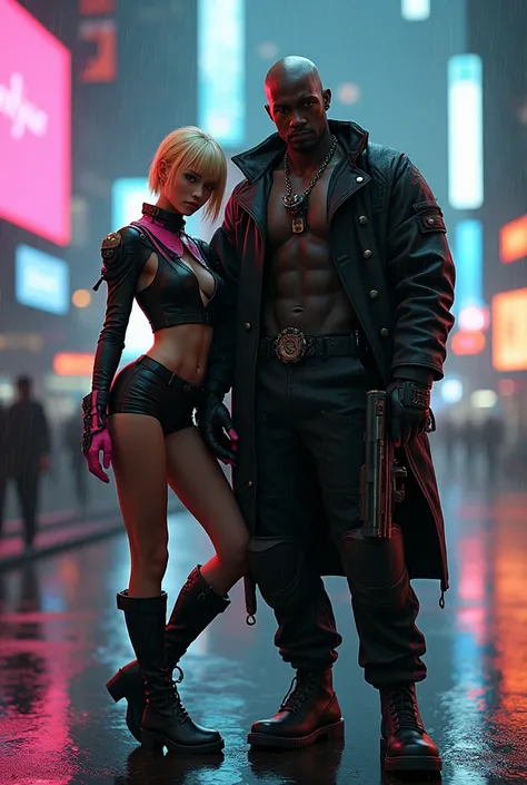 A short hair, slim blond girl. Wearing black and pink cuberpunk style outfit. She is leaning on  tall, muscular bald african wearing oversized coat, tank top, tactical trousers and boots. Wears police badge on a chain and carries futuristic gun. They are l...