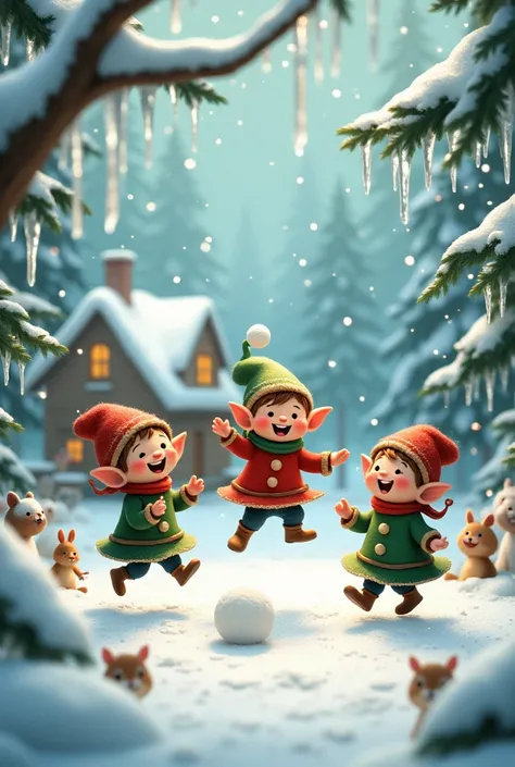 3 little colorful elves in winter 