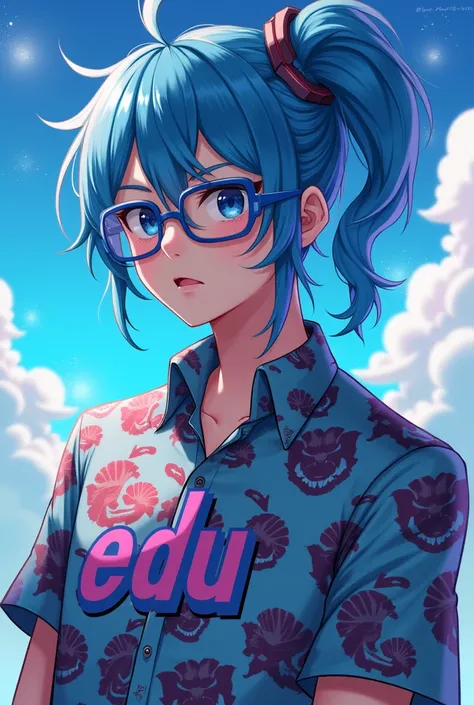  Male character game style Free Fire,with blue hair tied ,  blue glasses  , jaguar shirt written “Edu”,  against the background of sparkling sky  