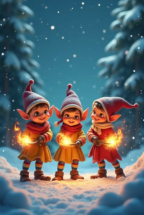 3 little elves with fire in winter