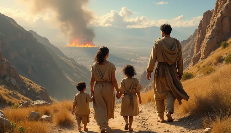 An image of Ló and his family reaching the mountains, looking back at the devastation they left behind. The distant city of Sodoma is still burning. The family’s expressions are a mixture of relief and sadness, and their clothes are worn and dusty from the...