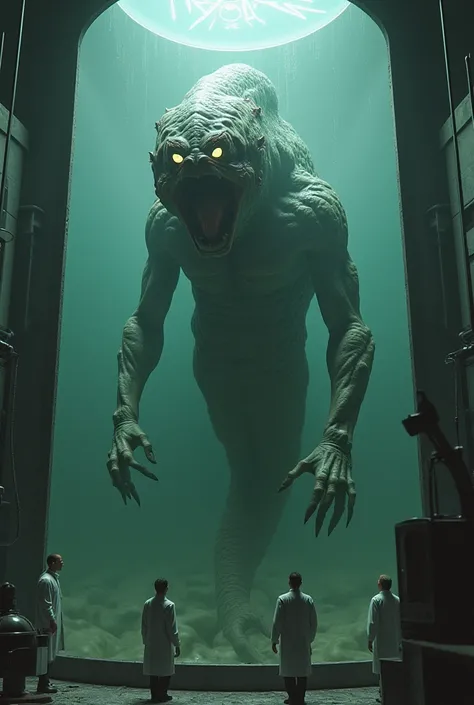 Create me an image of a creature half fish and half human that is super scary and that is not feminine and that is locked in a pond with water in a laboratory and that there are scientists ,  super realistic .