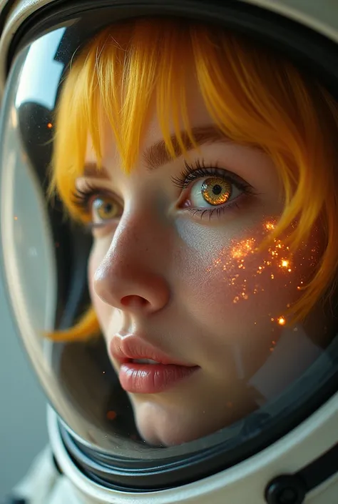 (Close-up of a better masterpiece:1.5)0.9], (Space and astronauts:1.2) (Golden yellow hair:1.1) (Heterochromia xanthochromia and hazel eyes:1.2) (Space Helmet:1.0) (Colored stars in the eyes:1.0) (A radiant glow:1.1) (thick lips:0.9)