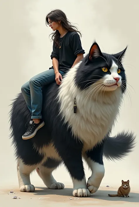 A long-haired man with no bangs dressed in a black casual dress in blue jeans while riding a large black white fluffy cat with a black rattan 