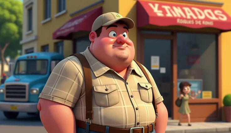  slightly overweight man ,  pinkish white eyes blue , beardless face, with a cap,  button shirt plaid details , Boots brown , Animated style, personagem disney,  with background of the image of a truck store ,  on the outside facade of the store with the n...