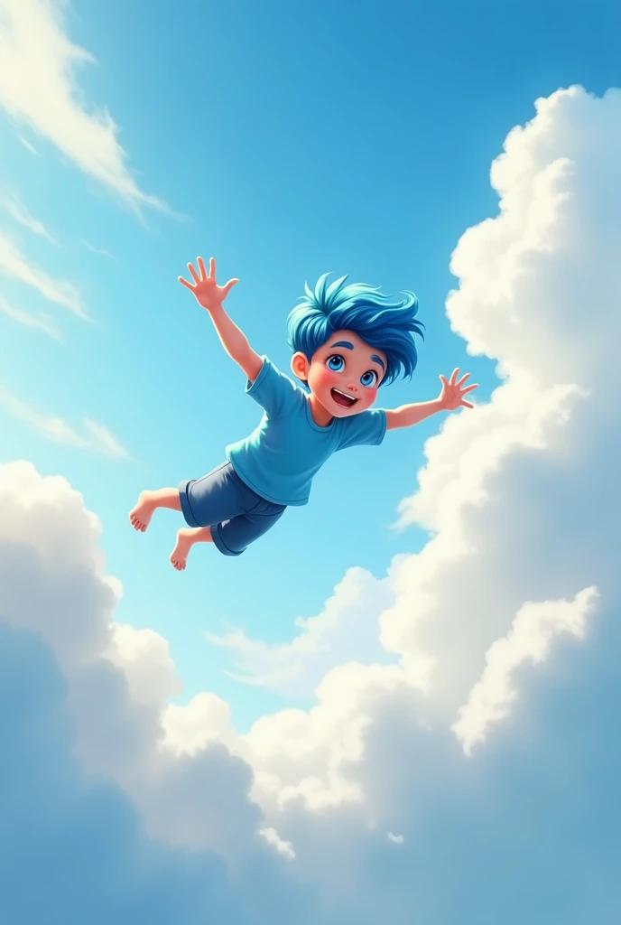 An  boy with blue hair wearing a blue t-shirt and blue pants flying 