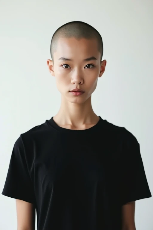 Skinny asian model , solo, buzz cut , wearing black t shirt , looking at viewer , white background 