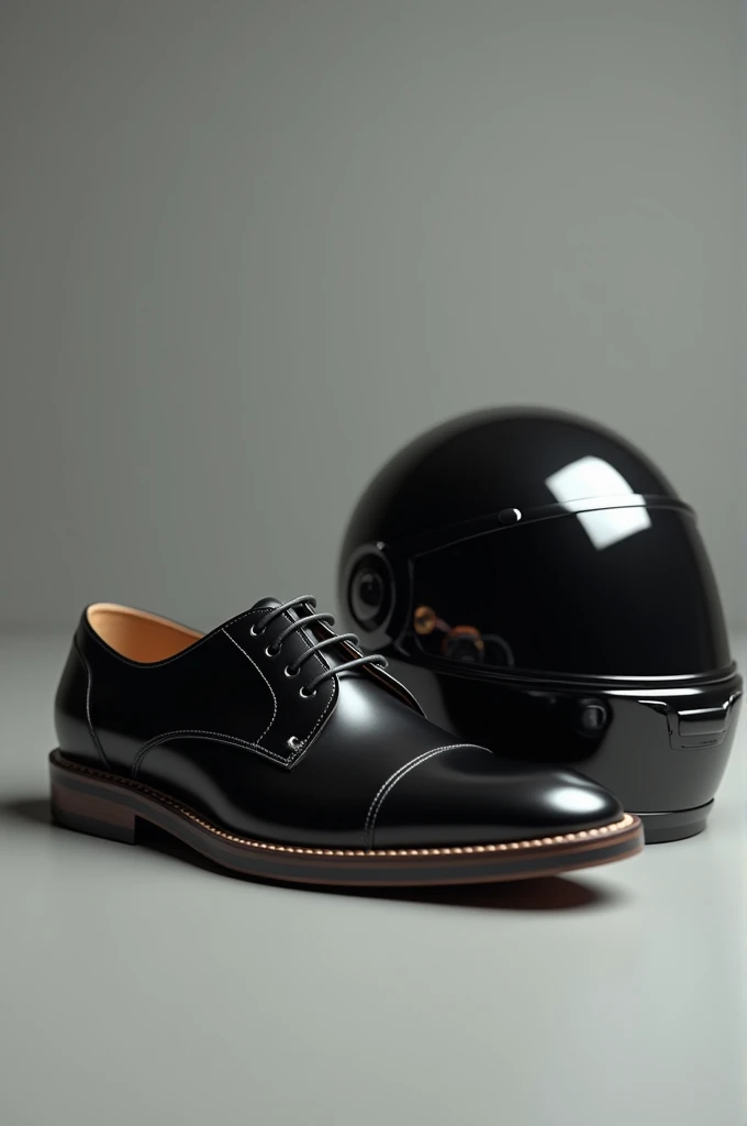 Image with casual black dress shoe with a black motorcycle racing helmet separated 