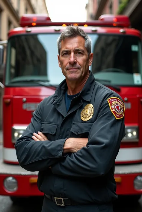 A well-built, middle-aged man in a firefighter’s uniform stands confidently in front of a shiny red fire truck, its lights reflecting off the polished surface. He has short, dark hair, streaked with gray, and dark, serene eyes that seem to shine with pride...